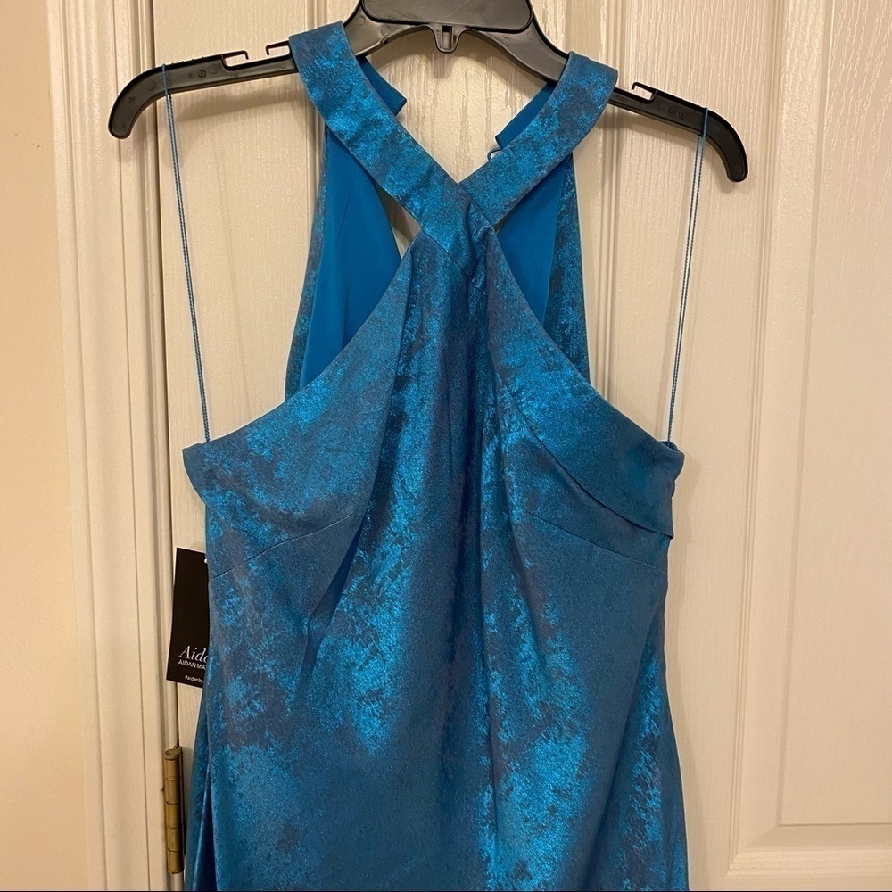 Aidan by Aidan Mattox Halter Sleeveless Foiled Mermaid Gown in Ocean Dream - Picture 6 of 11
